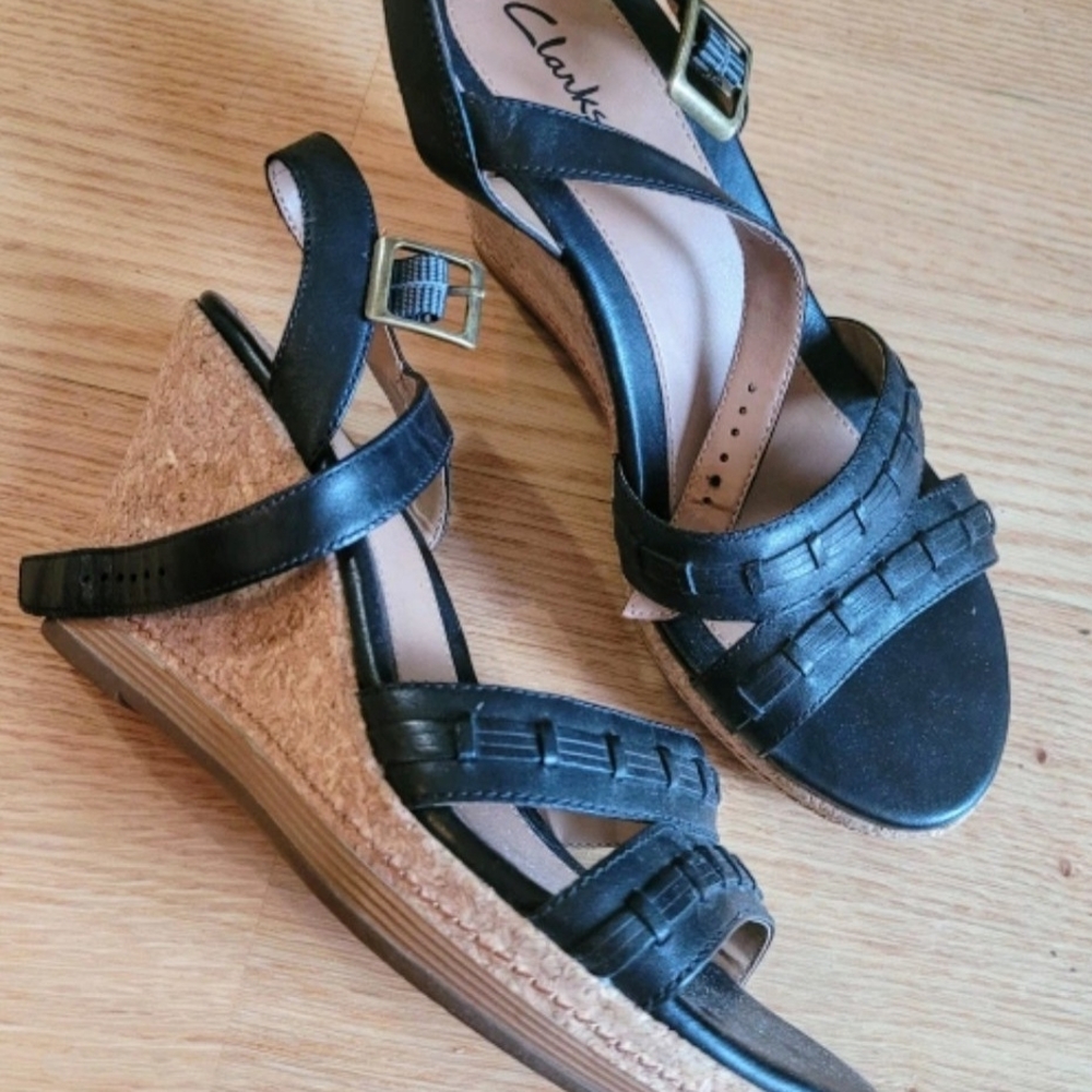 SOLD Clarks Genuine Black Leather Wedge Sandals